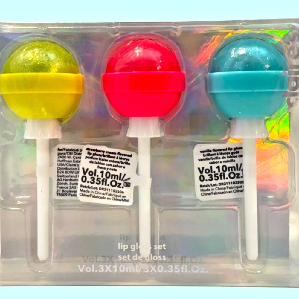 5/$25 Claire's Lip Gloss Set 3 Strawberry Vanilla Lollipops Yellow Pink Blue